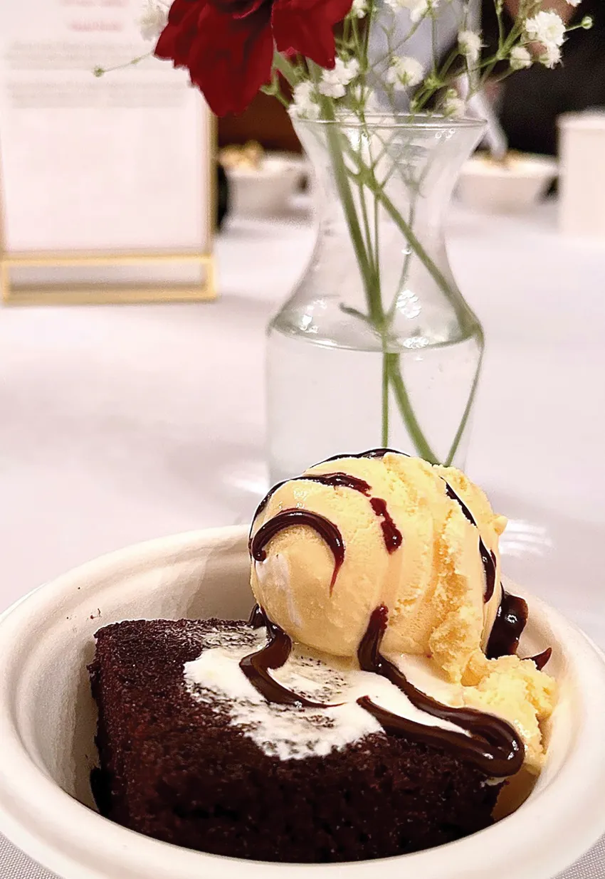 Close up of vanilla ice cream and chocolate cake or brownie desert