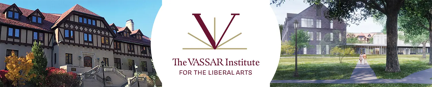 Outside view of Vassar buildings with the Vassar institute logo