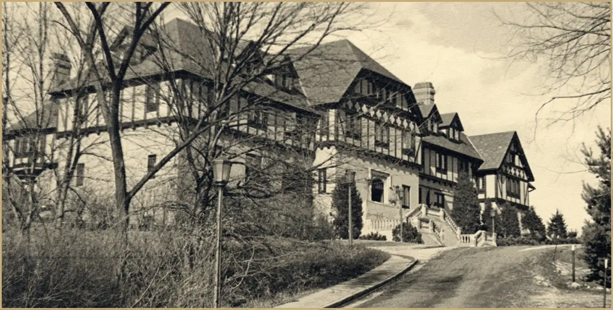 Older photograph of three quarter view of Vassar from down the road