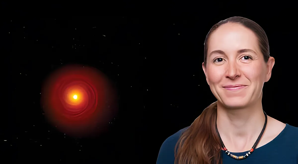 Portrait of astronomy professor Colette Salyk alongside a superimposed image of a glowing orb--the early stages of planet formation.