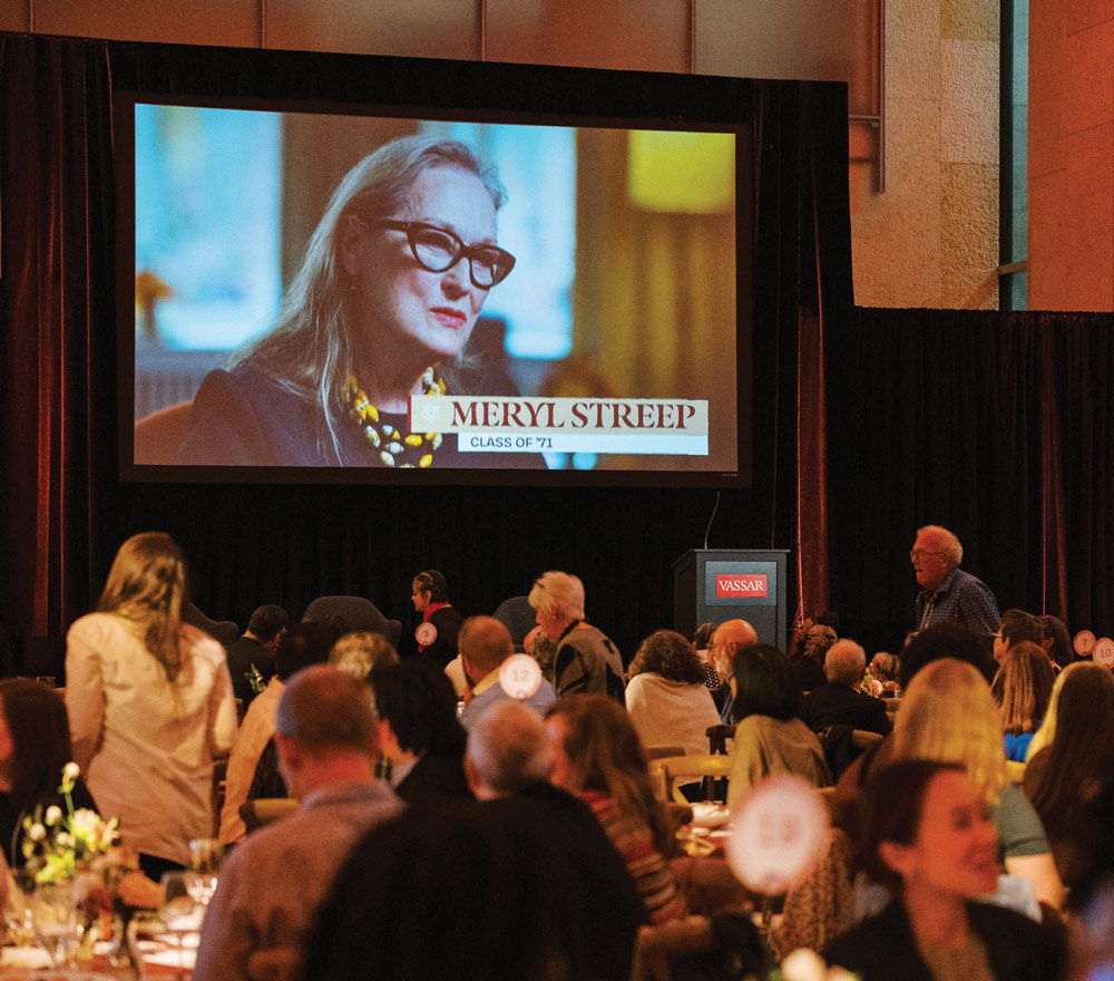 Meryl Streep addresses Philly guests via a videotaped greeting.