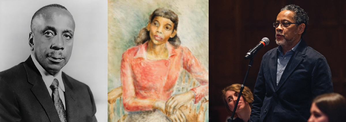 From left: Portrait of Rev. Howard Thurman; Painting of Rev. Thurman’s Daughter Olive—class of 1948—in a bright rose-colored blouse; Candid shot of Olive Thurman’s son Anton Howard Wong, grandson of Rev. Thurman during the Q&A