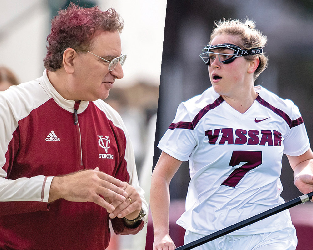 Split photo featuring Vassar Fencing coach on the left and a women’s lacrosse player on the right.