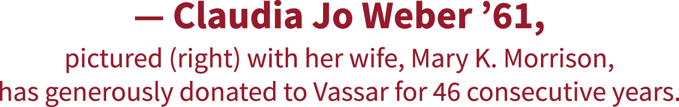 The text reads, "Claudia Jo Weber ’61, pictured (right) with her wife, Mary K. Morrison, has generously donated to Vassar for 46 consecutive years." The text is styled in red font.