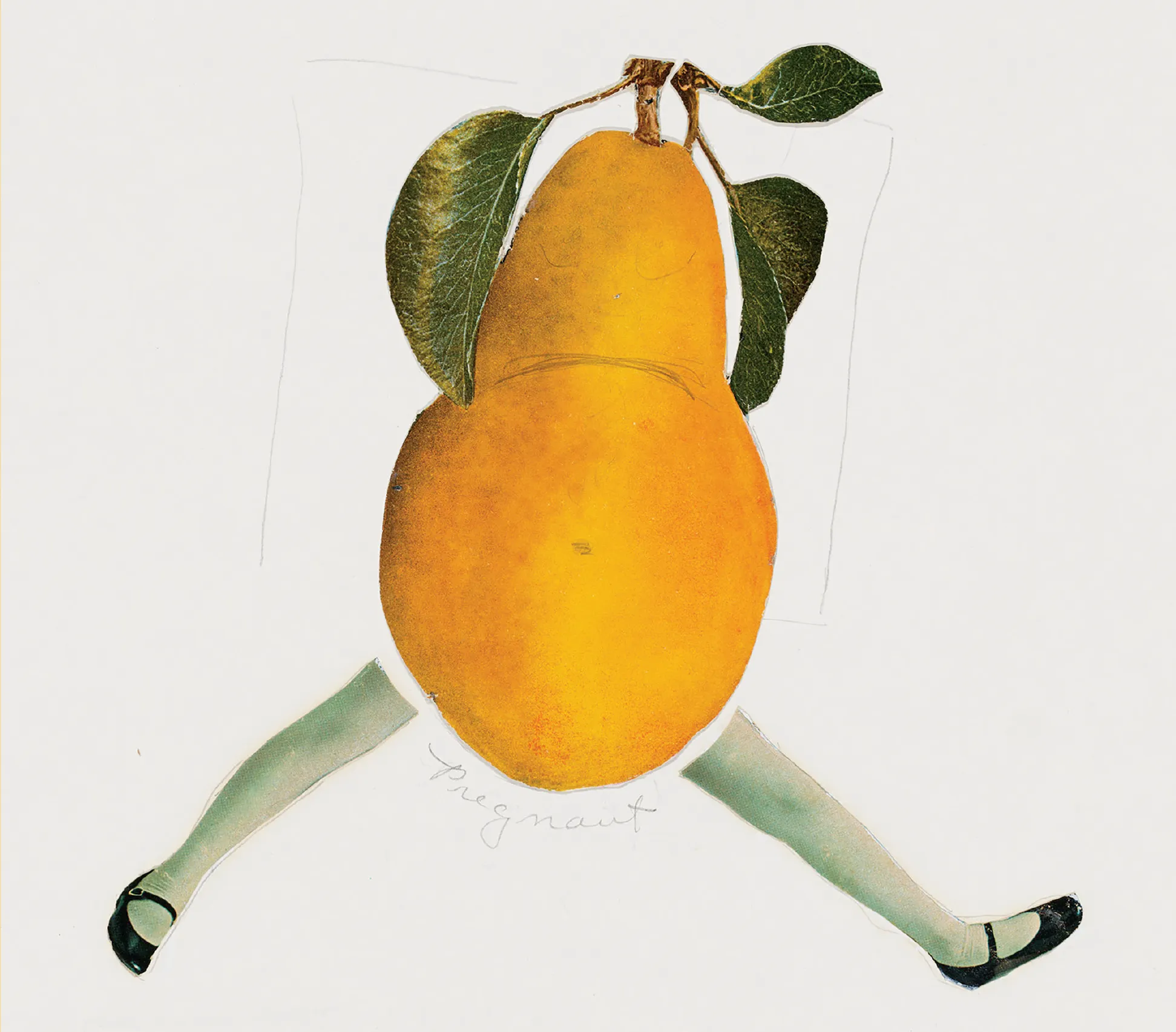 A surreal artwork depicting a large yellow pear with leaves on top and two human legs in green stockings and black shoes below. The word "pregnant" is handwritten near the bottom.