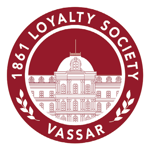 A circular badge with the text "1861 Loyalty Society Vassar" surrounding an illustration of a classical building, accented by laurel branches on each side.