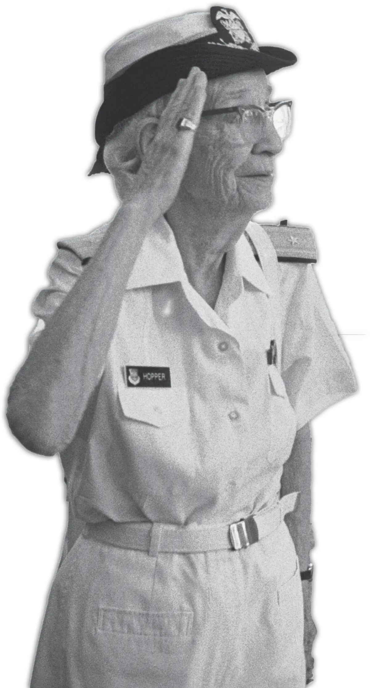 Elderly person in a naval uniform saluting.