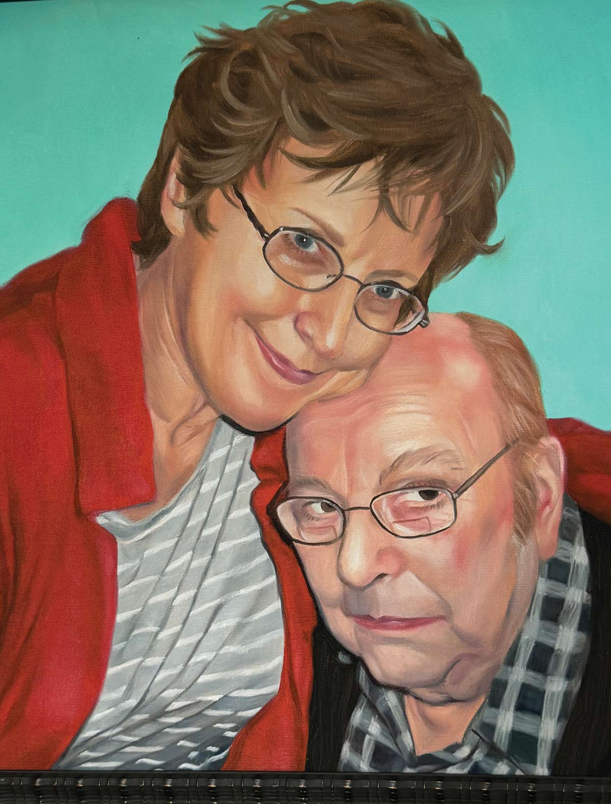 A vivid painting of Kathy Teyler Jarret (’77) embracing her husband Ben in front of a teal background.