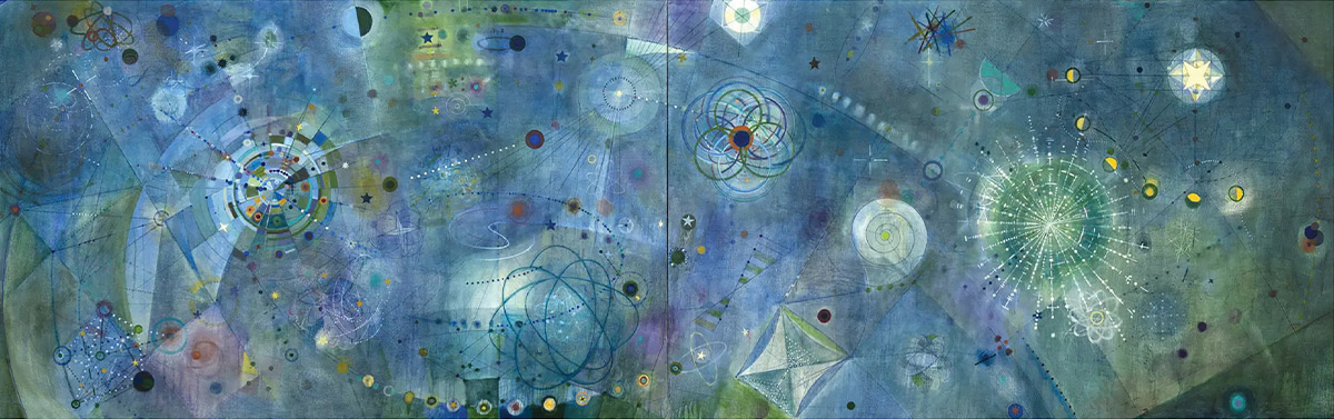 A painting by Laura Battle with a blue background appears to show celestial objects.