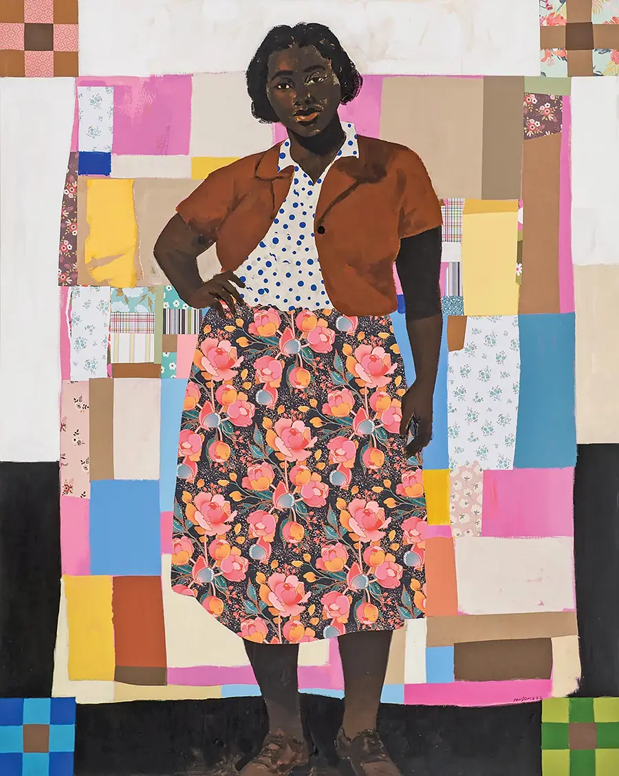 Ransome’s painting “Quilter Rosie,” shows a confident black woman dressed in humble attire standing with her hands on her hip against a patchwork background resembling a quilt.