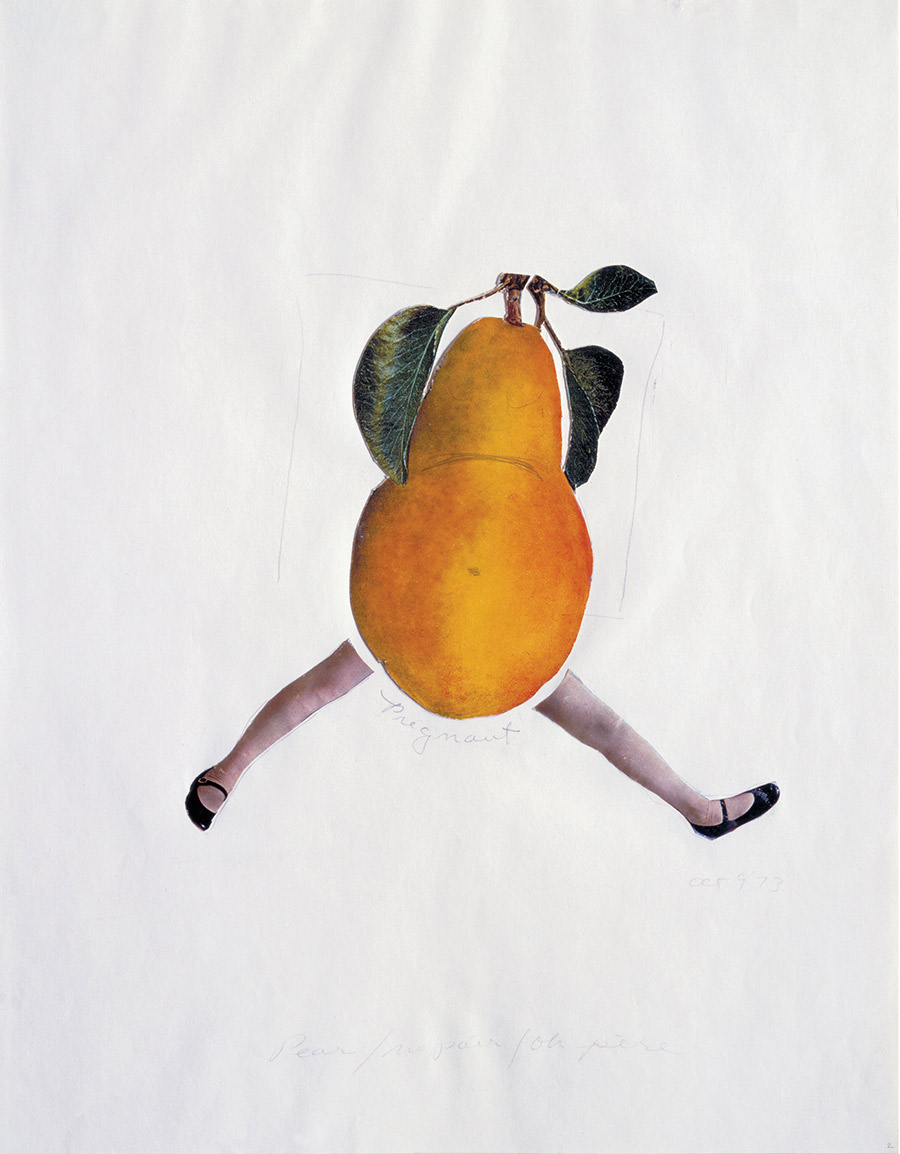 John Leonard’s print of a yellow pear with legs is  included in the Loeb’s exhibit on reproductive health.