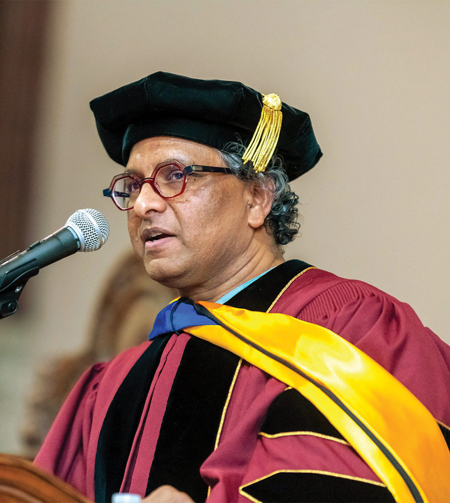 Professor Himadeep Muppidi addresses Vassar students and faculty at Convocation.