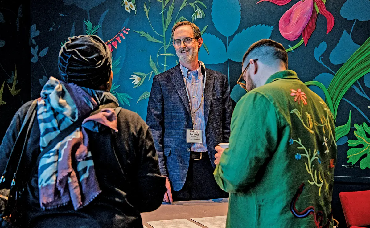 Ken Foster, Vassar’s new Director of Sustainability, greets visitors to the Vassar Institute for the Liberal Arts.