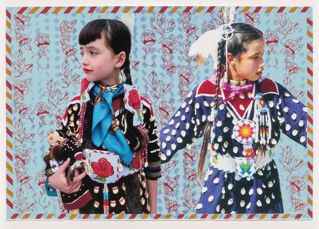 Artwork featuring two young girls in traditional dress on a blue background with red floral detailing and orange and red striped borders.