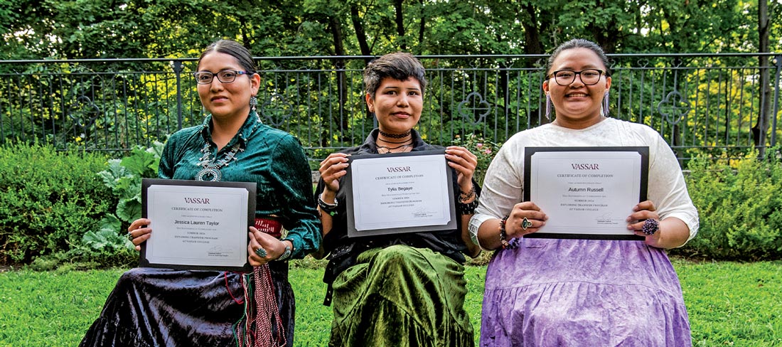 Students from Diné College, a Navajo institution in Arizona, pose with certificates from Vassar’s Exploring Transfer program.