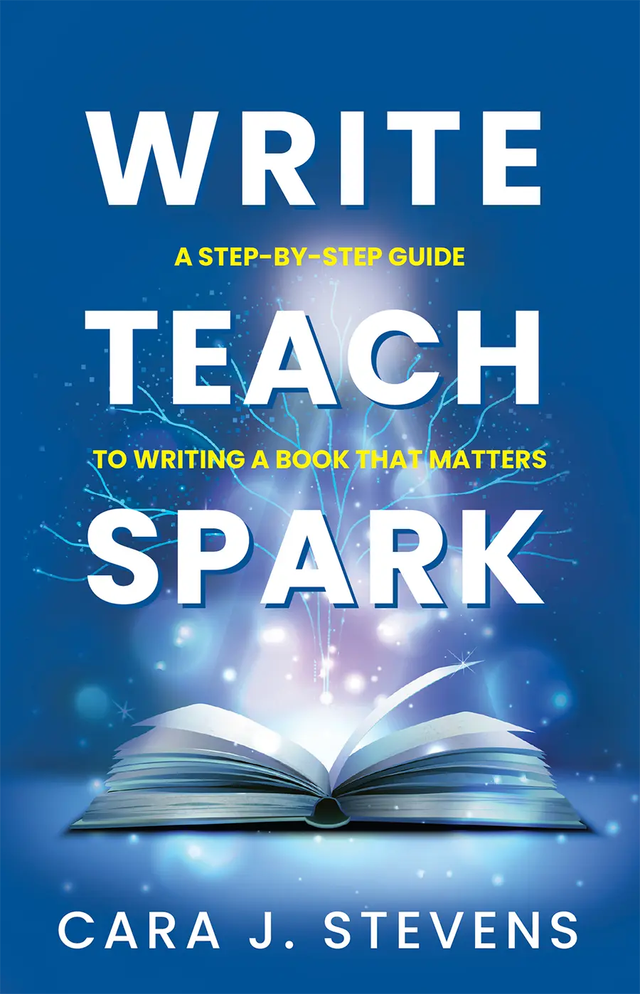 The cover of Write Teach Spark with a photo of an open book.