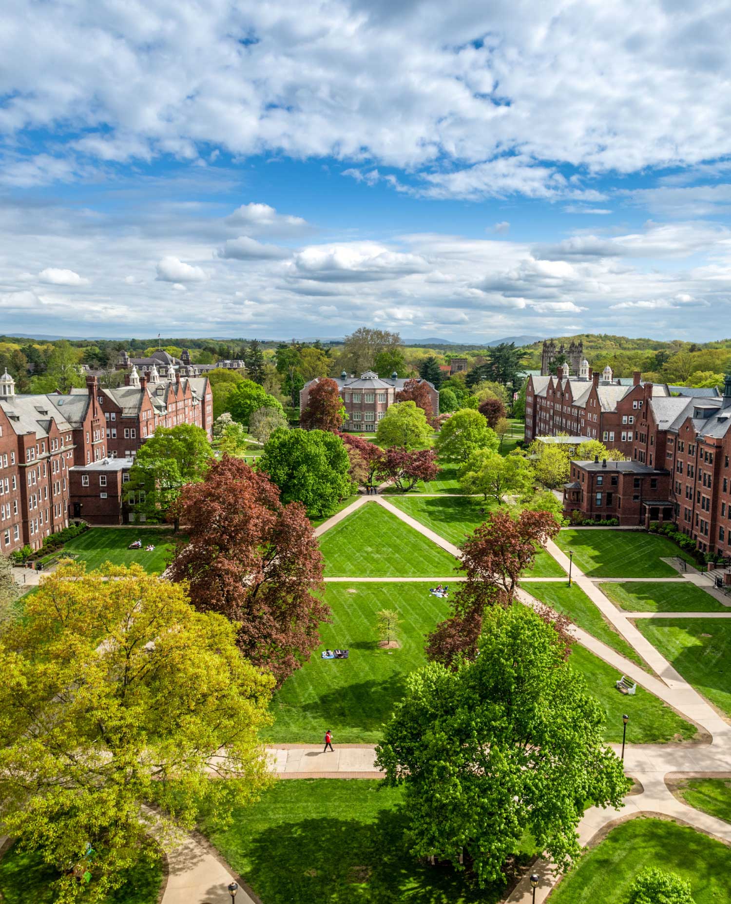 An aerial photo of the Quad taken from Jewett. The grass is bright and verdant and the trees have just begun to change color for autumn.