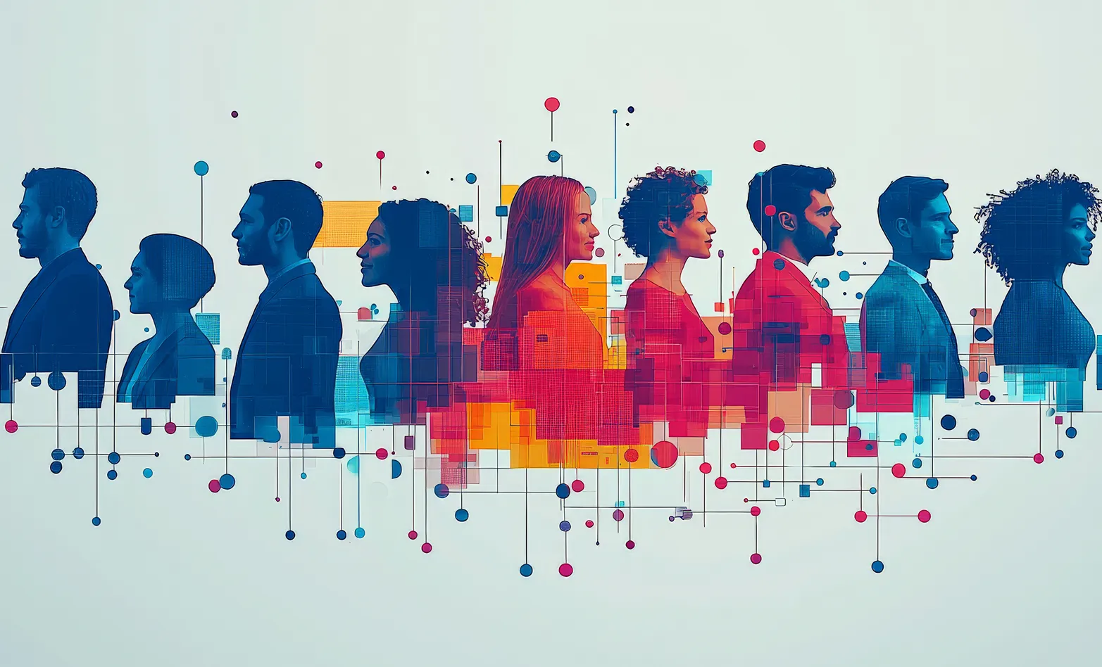 Digital illustration of diverse people in profile, shown in vibrant blue and red silhouettes, connected by abstract geometric shapes and network lines.