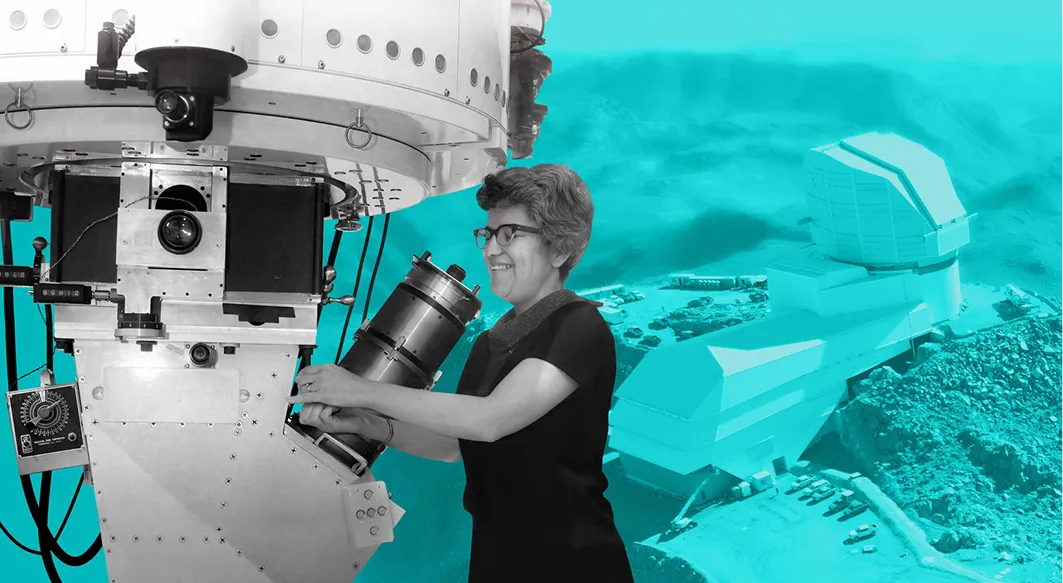 Collage-style image of a smiling woman operating a large telescope, with a scientific observatory and mountainous landscape in the background, rendered in turquoise tones.