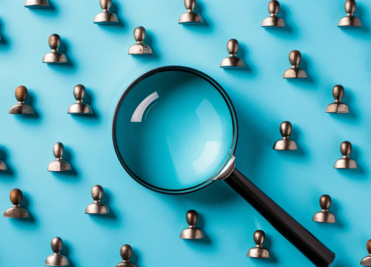 A magnifying glass placed on a blue background surrounded by small metallic figurines shaped like people, symbolizing search, analysis, or recruitment.