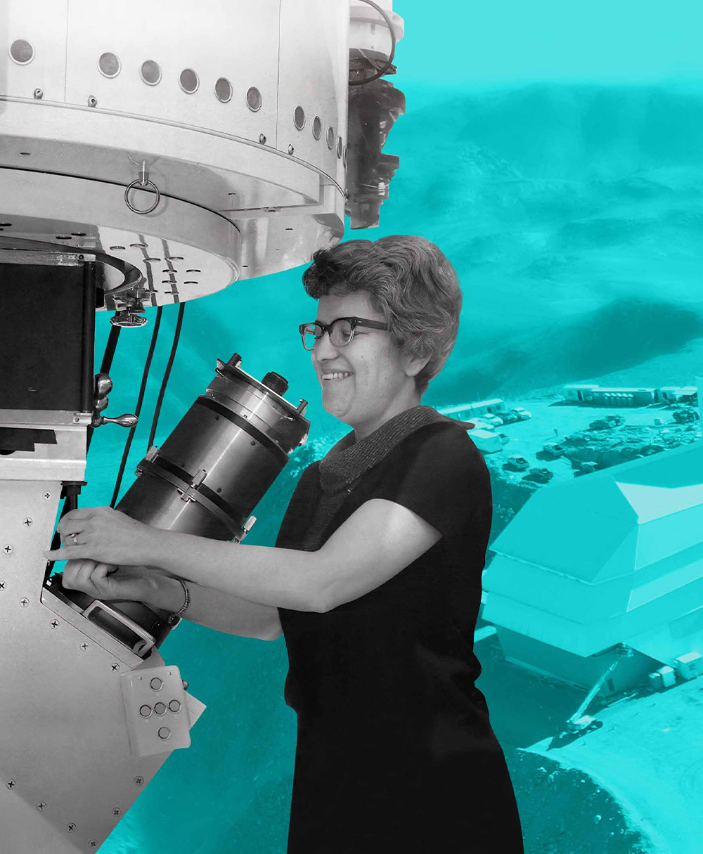Vera Rubin ‘48 with a large telescope.