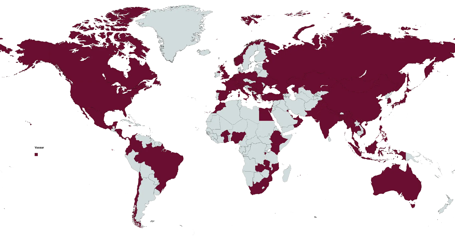 World map with various countries shaded in maroon to indicate highlighted regions, while remaining countries appear in light gray.
