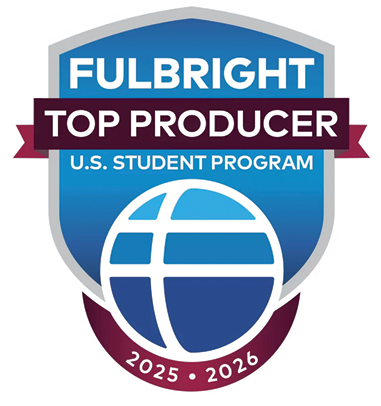 A blue and white logo for the Fulbright Top Producer U.S. Student Program.