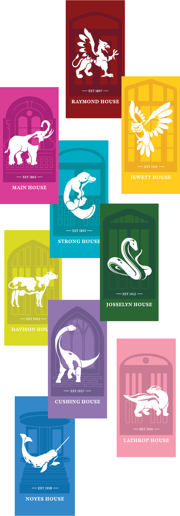 Colorful illustrated banners represent Vassar’s nine residential houses: Raymond, Main, Strong, Jewett, Davison, Josselyn, Cushing, Lathrop, and Noyes.