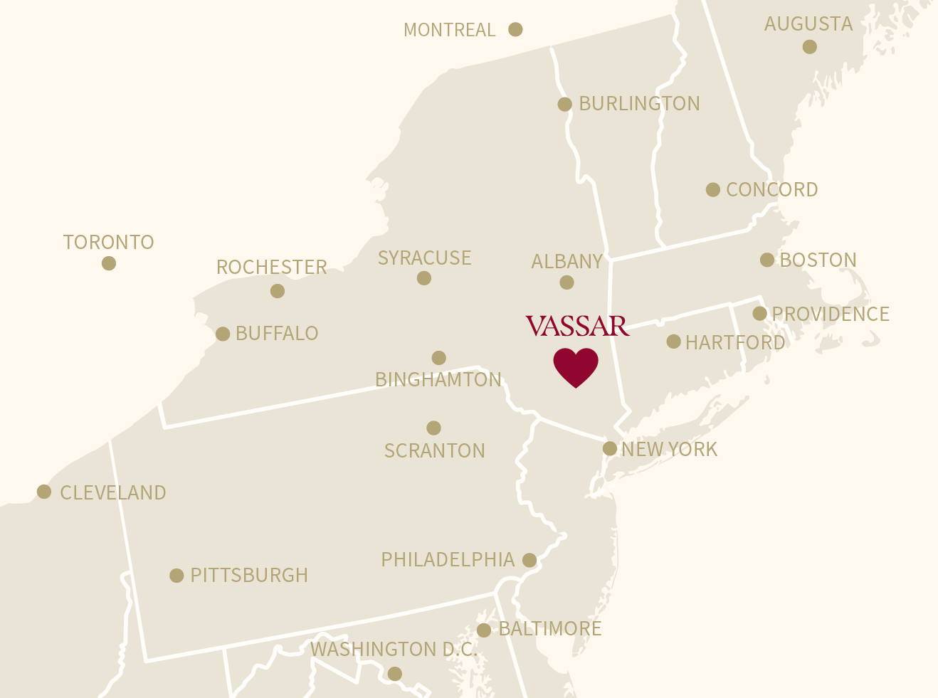A map highlighting the northeastern United States and parts of Canada with a heart symbol marking Vassar College near New York.