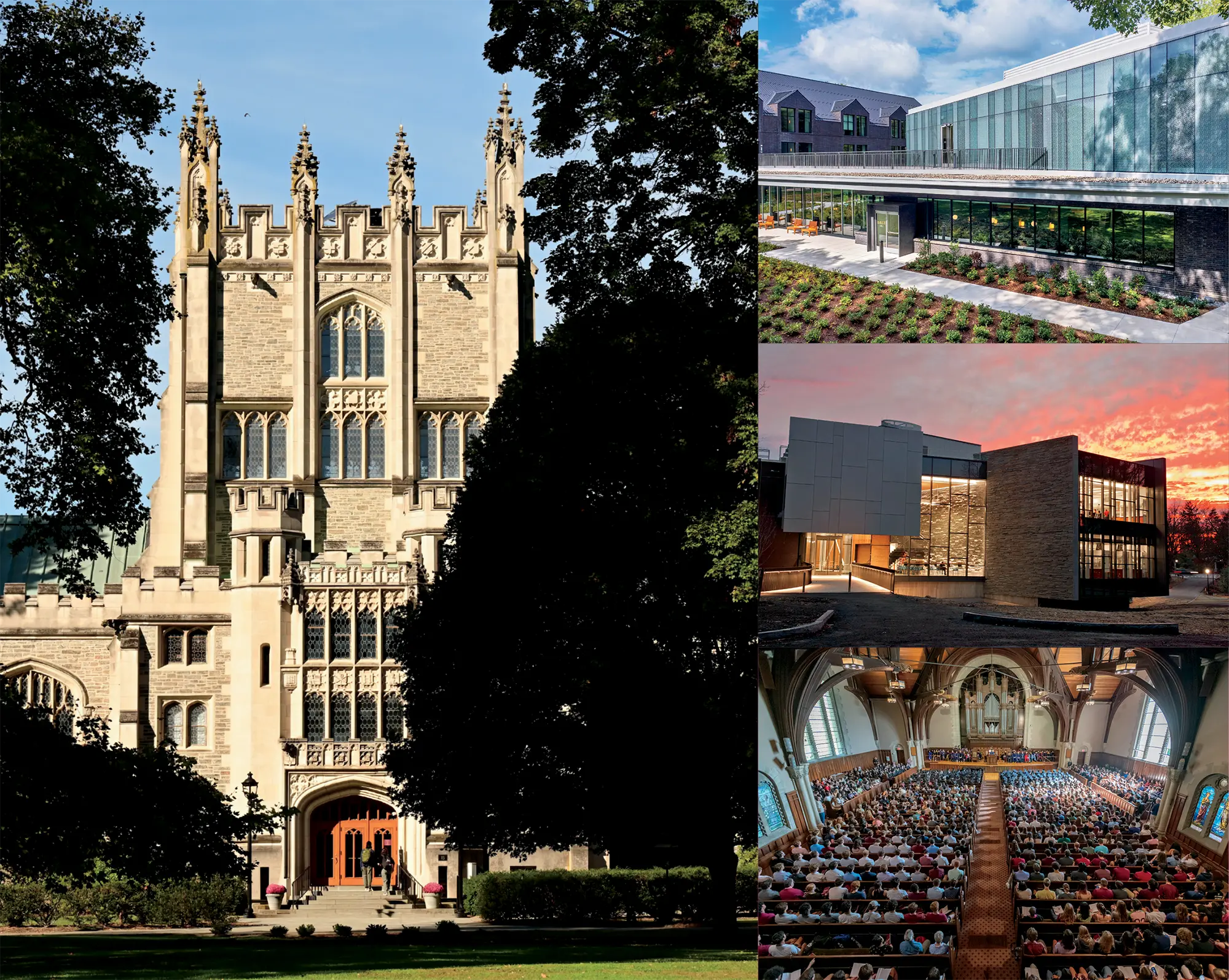 Collage showing Vassar’s Gothic-style Frederick Ferris Thompson Memorial Library, two modern campus buildings, and a large audience gathered inside the chapel.