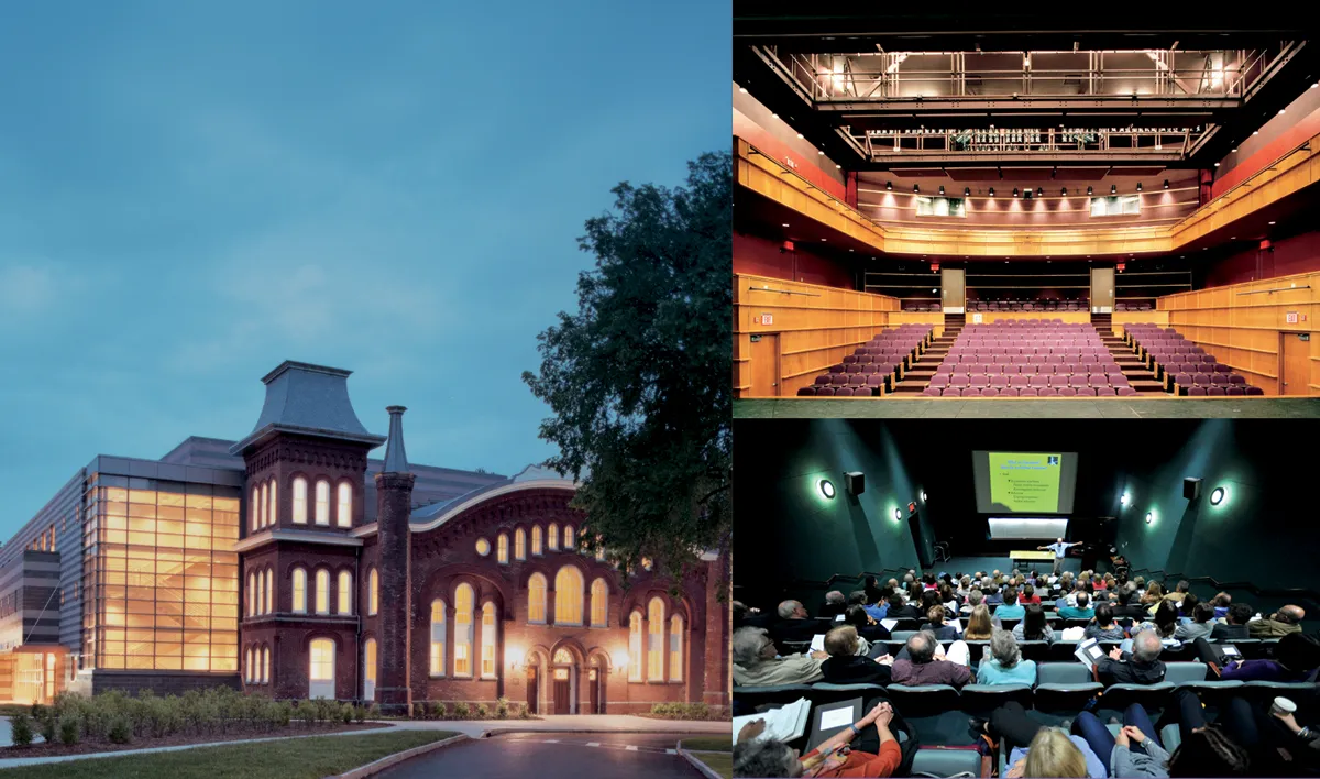 Collage showing Vassar’s performing arts center at dusk, an empty theater auditorium, and an audience attending a presentation.