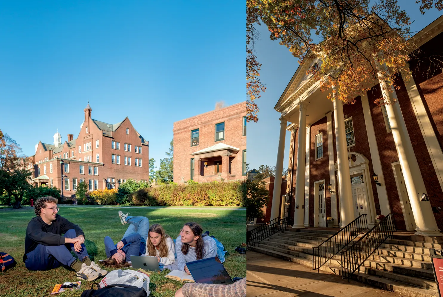 Collage showing students studying and relaxing on a campus lawn beside brick residence halls and a columned campus building in autumn.