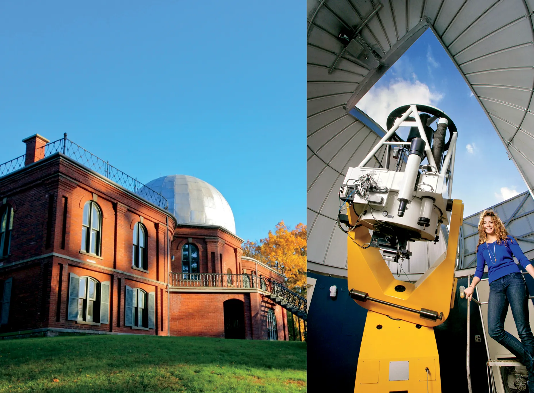 Collage showing Vassar’s historic observatory and a student standing beside a large telescope inside its open dome.