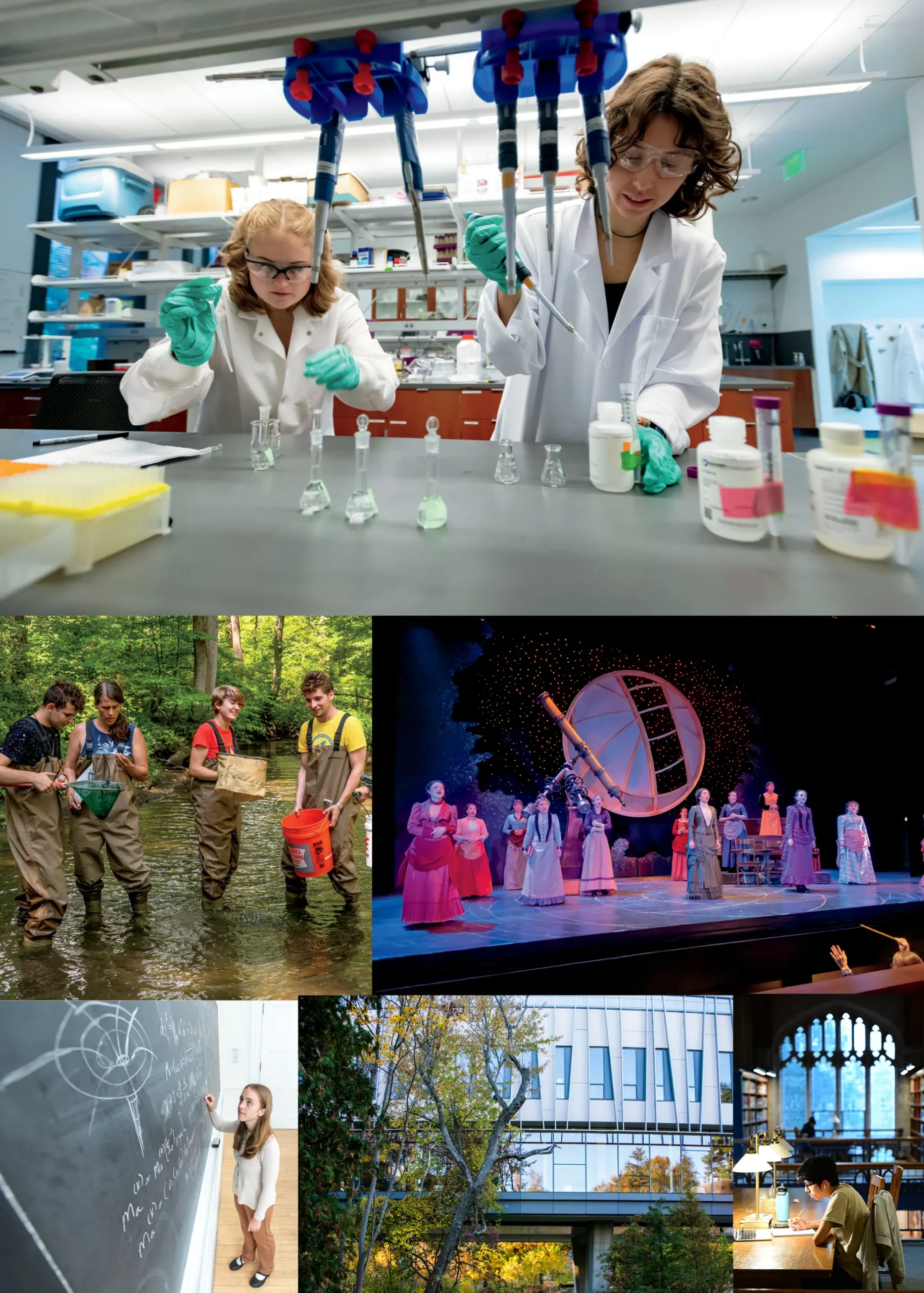 Collage of Vassar students conducting laboratory research, collecting samples in a stream, performing on stage, working at a chalkboard, studying in the library, and gathering around campus.