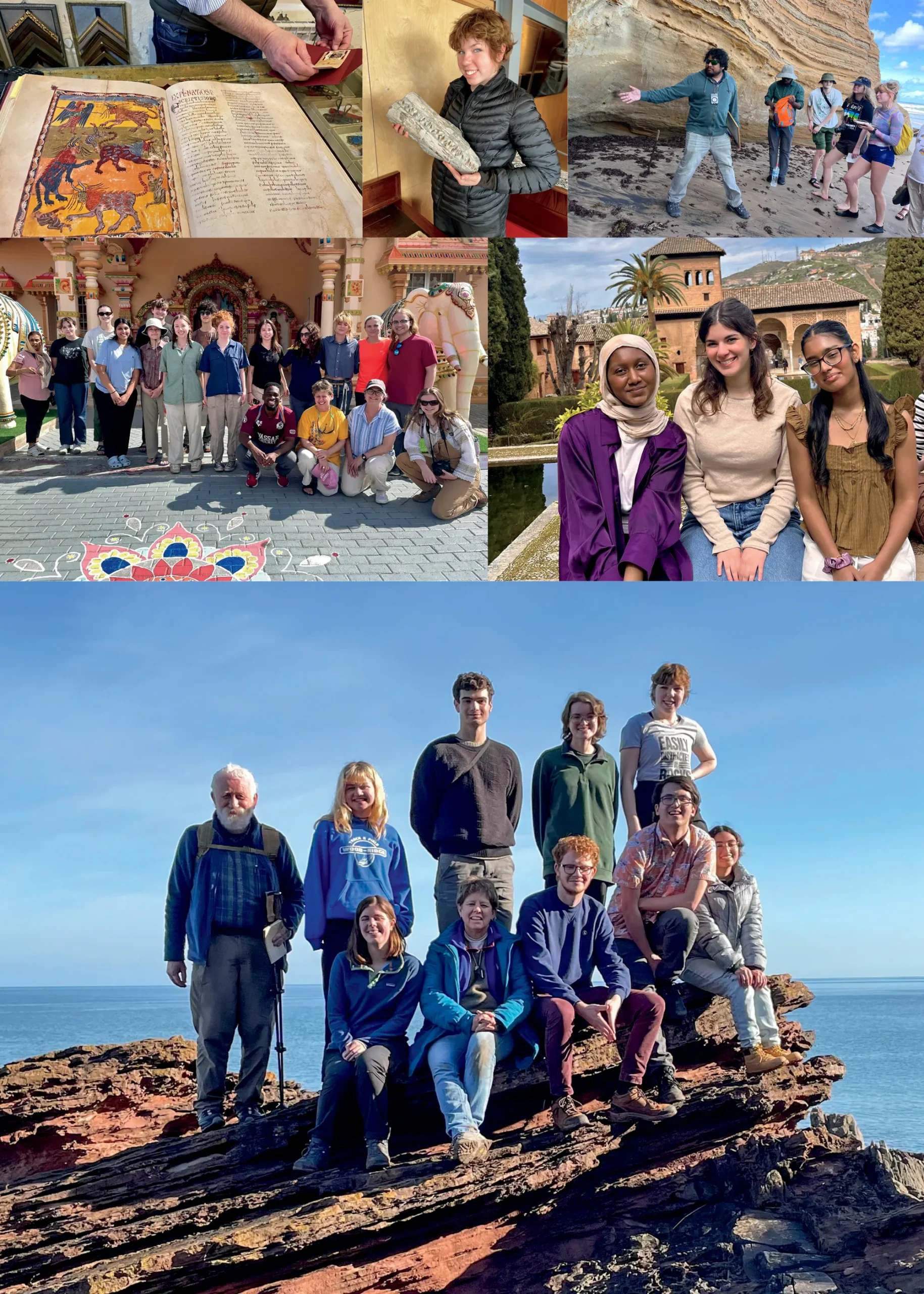 Collage of Vassar students engaged in hands-on learning and study abroad, including examining historic materials, exploring coastal geology, visiting cultural sites, and posing together during field experiences.