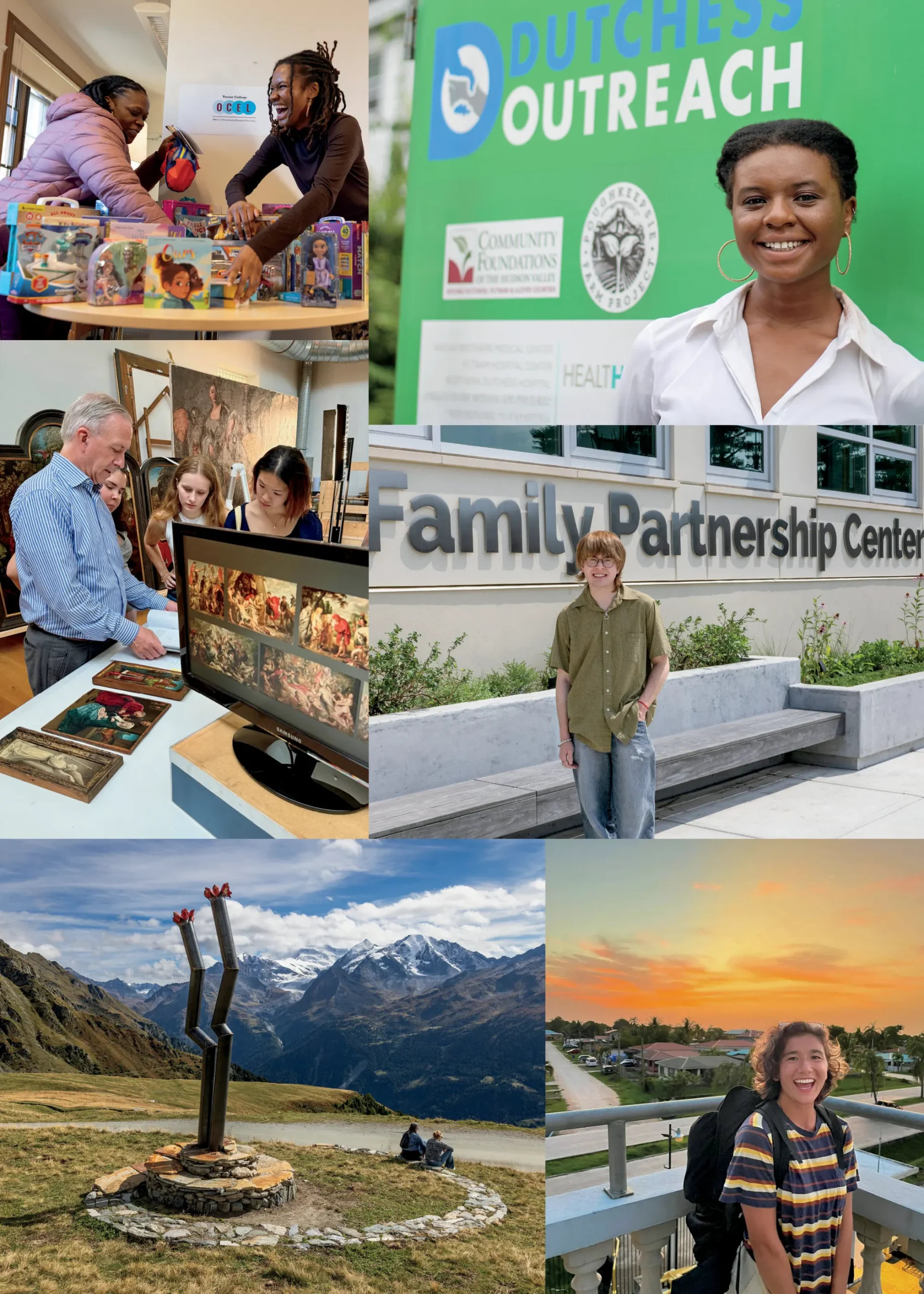 Collage highlighting community engagement and global learning, with students volunteering, studying artwork, visiting a community center, traveling in the mountains, and posing abroad at sunset.