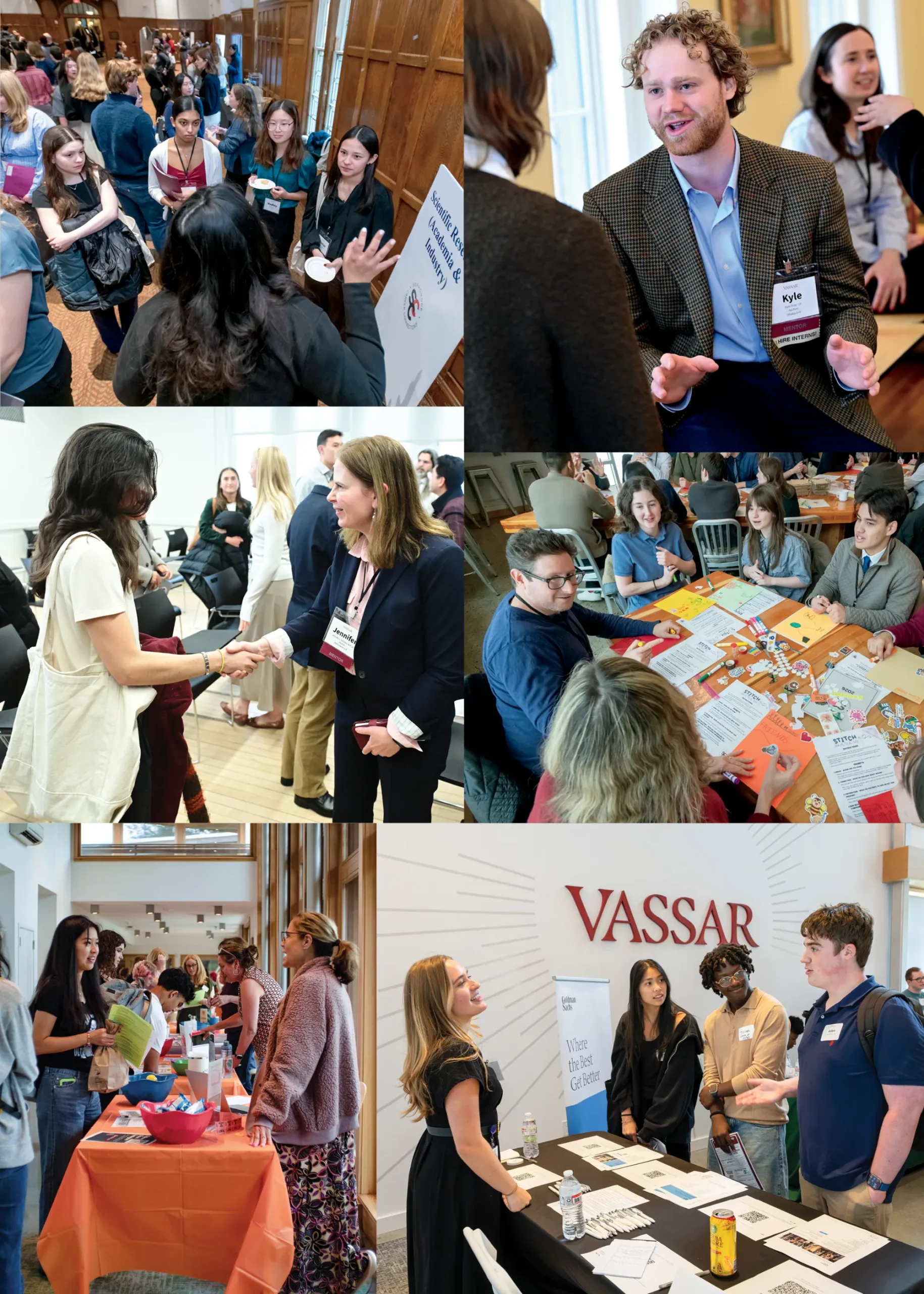 Collage of Vassar students and alumni networking at career events, meeting mentors and recruiters, collaborating around tables, and speaking with representatives at campus information booths.