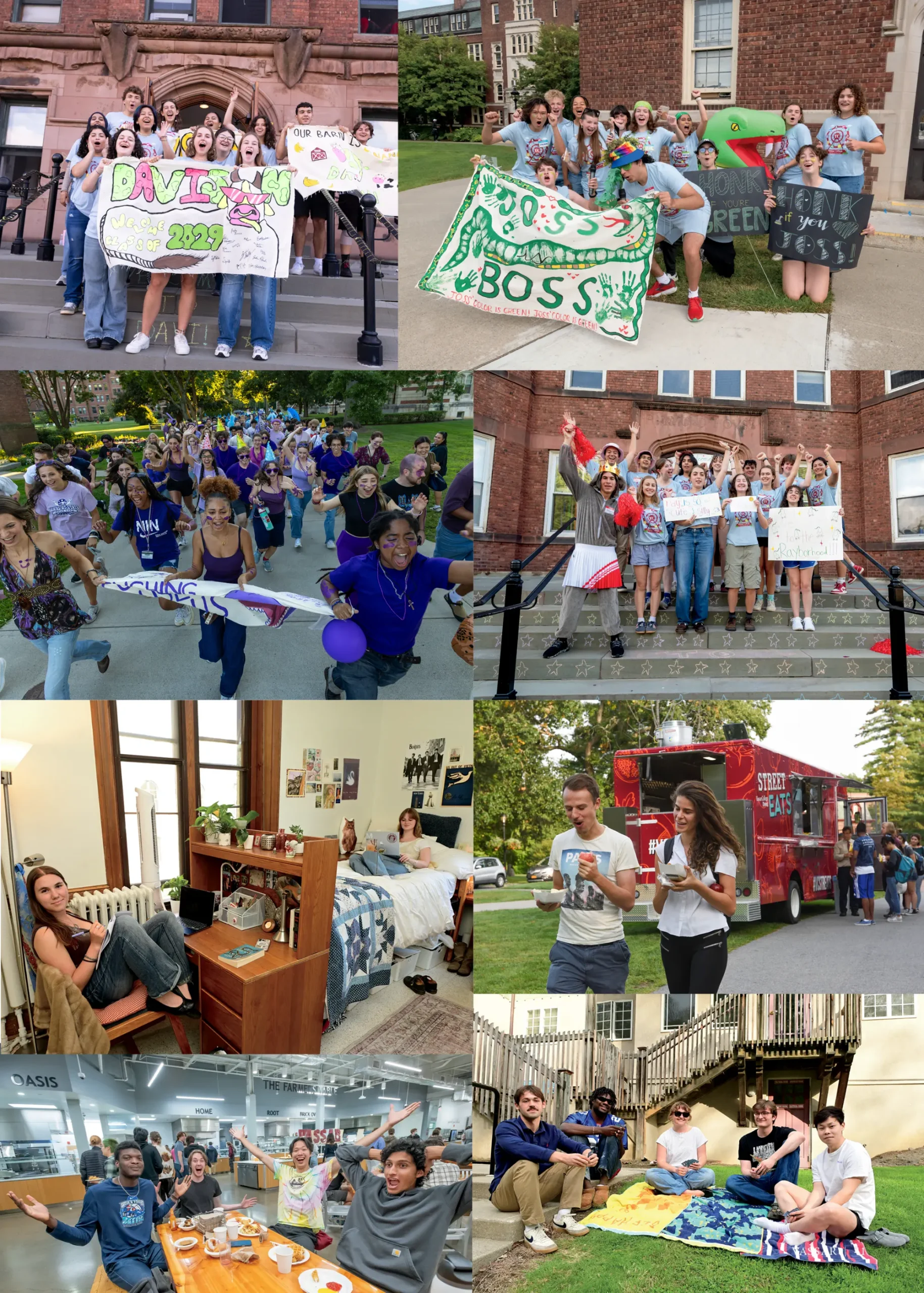 Collage of Vassar residential life showing students celebrating house traditions, gathering on campus, relaxing in residence hall rooms, eating together, and socializing outdoors.