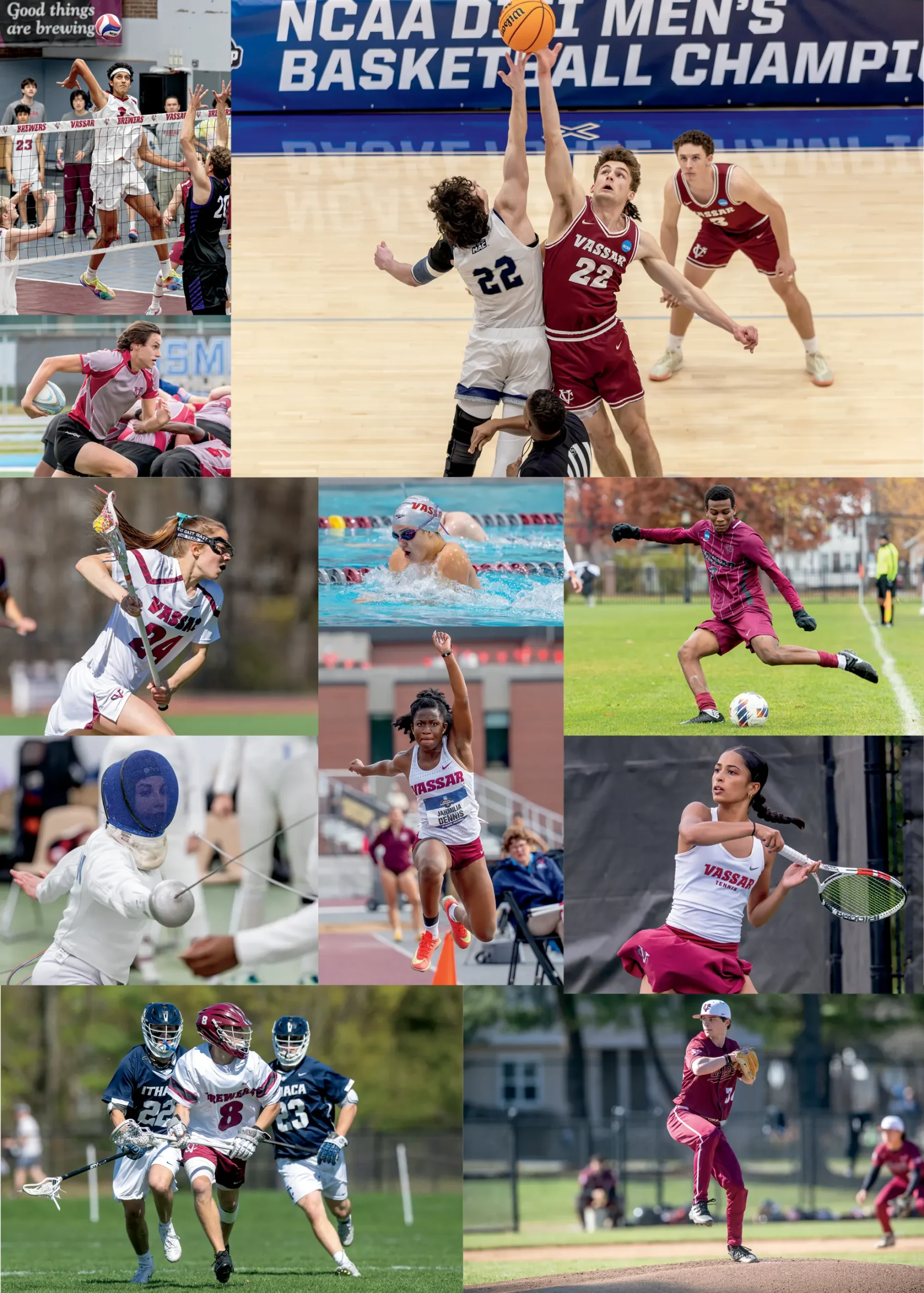 Collage of Vassar student-athletes competing in volleyball, basketball, rugby, lacrosse, swimming, soccer, fencing, track, tennis, baseball, and other varsity sports.