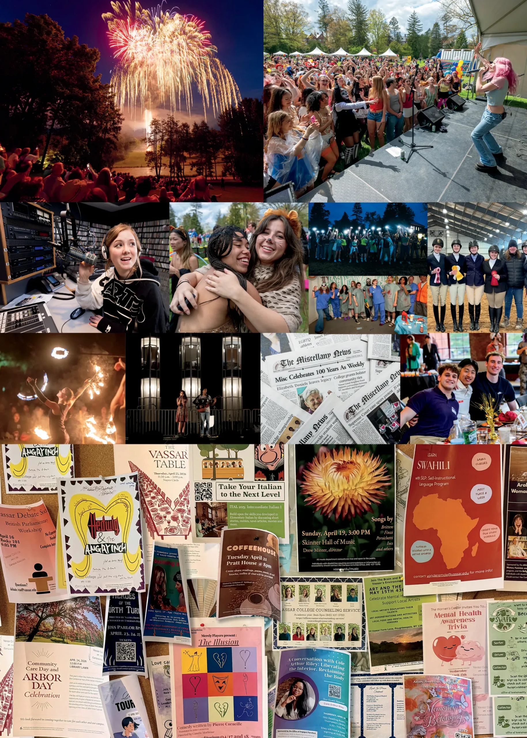 Collage of Vassar student activities featuring fireworks, an outdoor concert, student radio, friends at campus events, equestrian competition, fire performance, live music, student publications, and event posters.