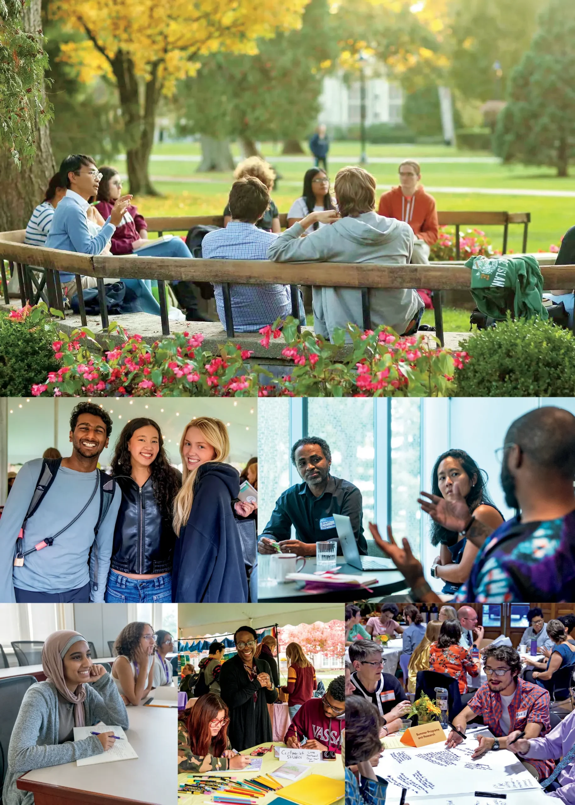 Collage of Vassar students and staff building community through outdoor conversation, peer gatherings, small-group discussions, creative activities, and collaborative workshops.