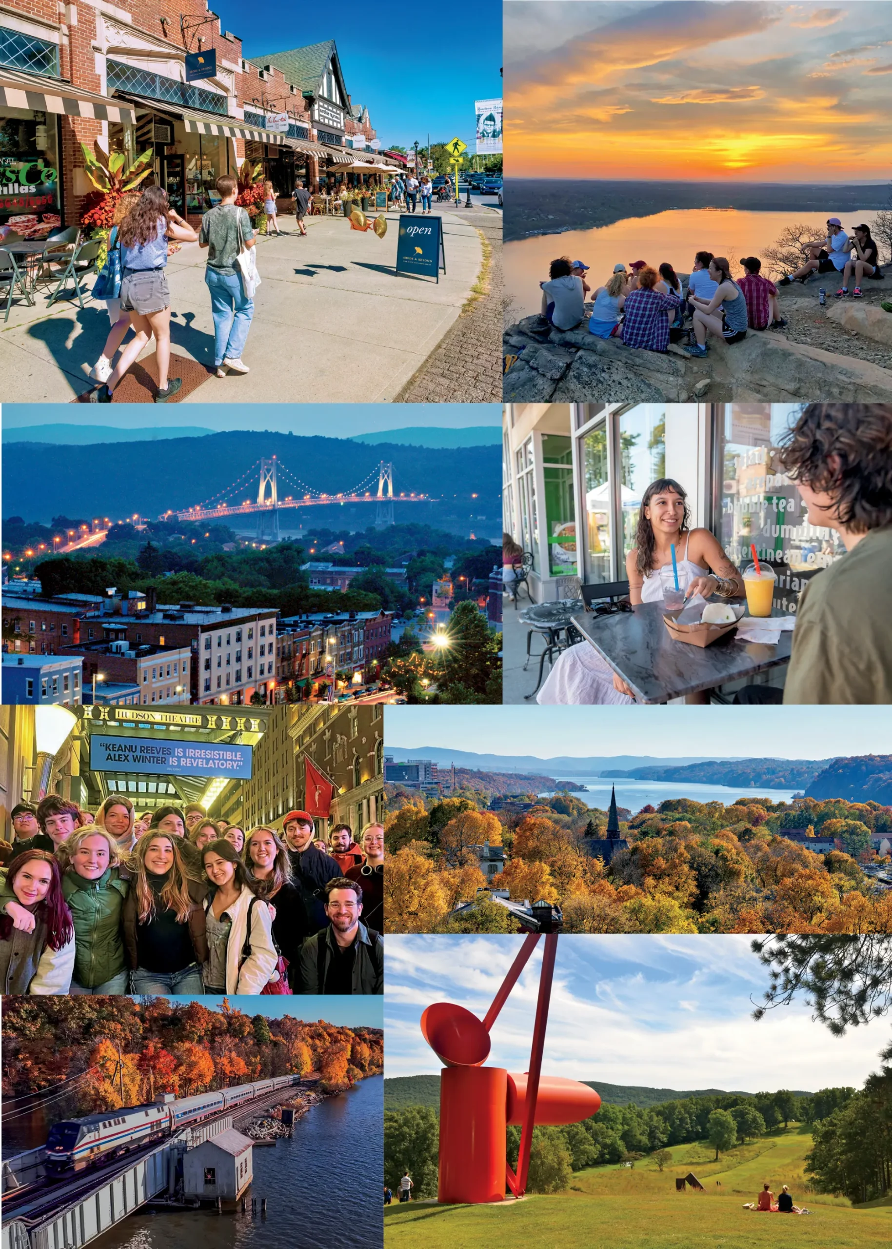 Collage of Hudson Valley experiences near Vassar, including downtown shops, students overlooking the Hudson River at sunset, the Mid-Hudson Bridge, dining outdoors, a theater outing, fall scenery, a train along the river, and outdoor sculpture.