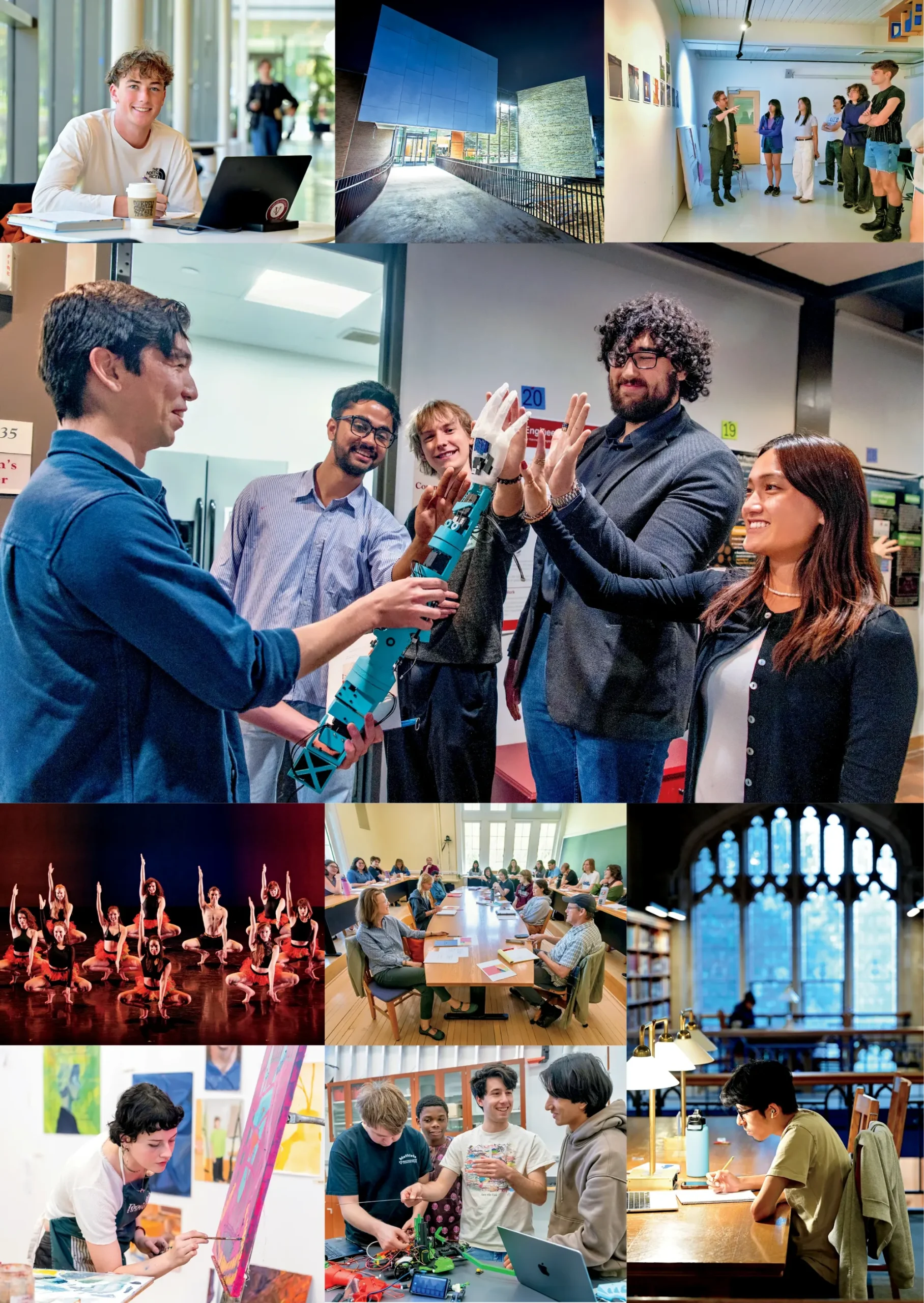Collage of Vassar students learning across campus through independent study, gallery discussion, robotics, dance, classroom conversation, painting, and collaborative academic work.