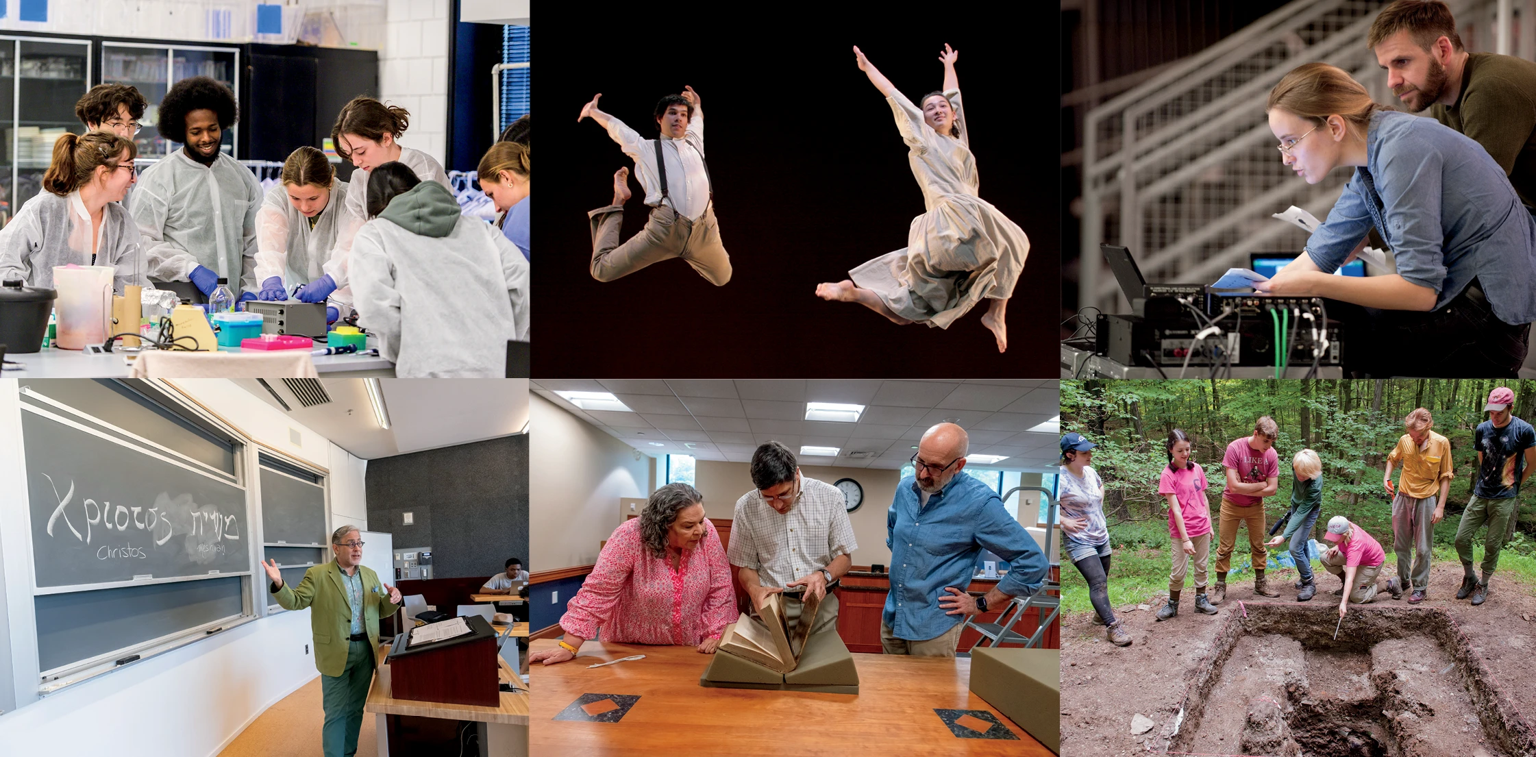 Collage of Vassar students and faculty engaged in laboratory research, dance performance, technical equipment work, classroom instruction, archival study, and outdoor field research.