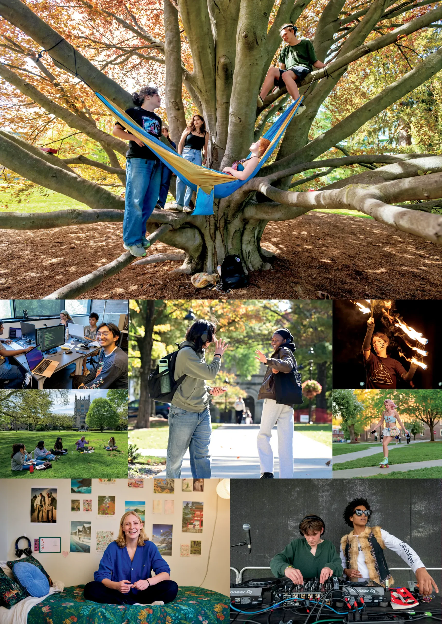 Collage of Vassar student life featuring friends relaxing in a large campus tree, working together in a computer lab, talking outdoors, studying on the lawn, roller skating, performing with fire, relaxing in a residence hall room, and DJing at a campus event.